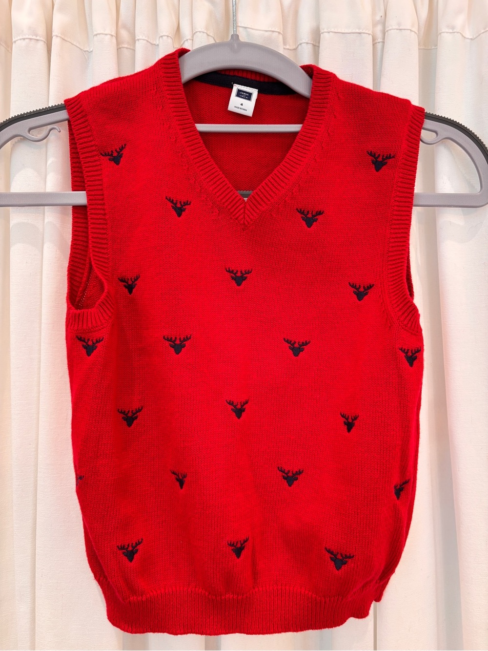Janie and Jack Red Sleeveless V-Neck Sweater Vest with Navy Moose Motif